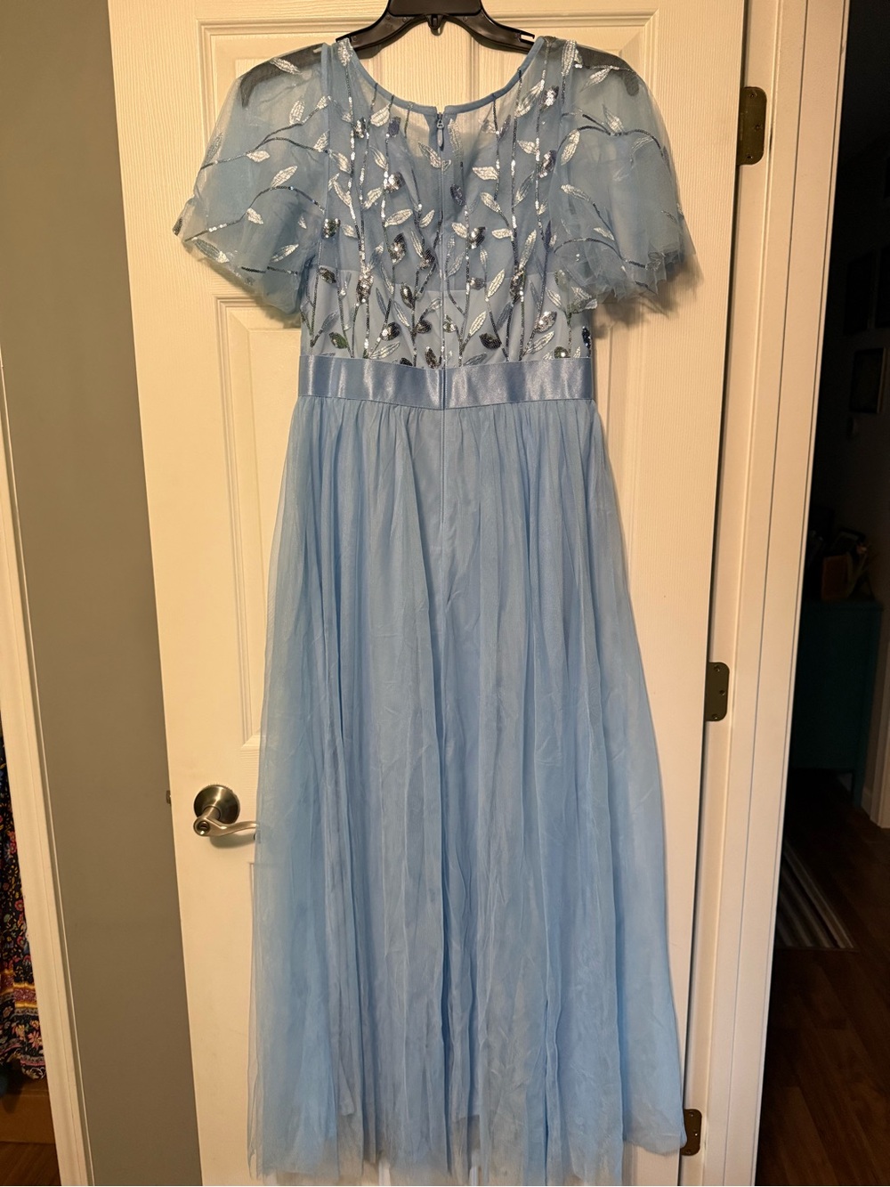 Ever Pretty Light Blue Tulle Dress with Silver Leaf Embroidery